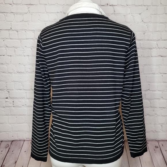 Carolyn Taylor Black and White Stripe Sweater with White Collared Shirt Size L - Picture 3 of 7